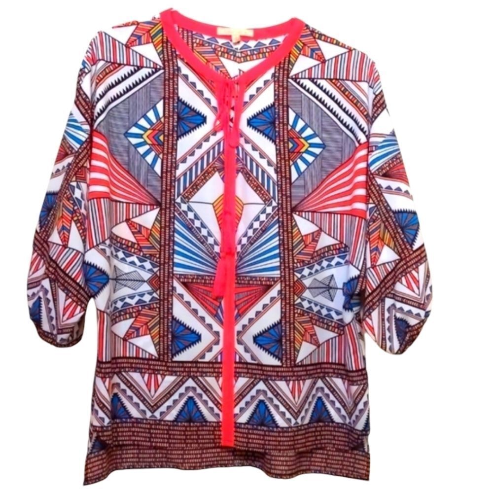 Boho Top Geometric African Print Tassels Retro 60s Medium Vintage